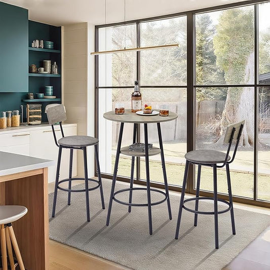 NicBex 3-Piece Bar Table and Chairs Set, Grey Pub Table and Chairs Set of 2 with Storage Shelf, Bistro Table with Stools for Small Spaces