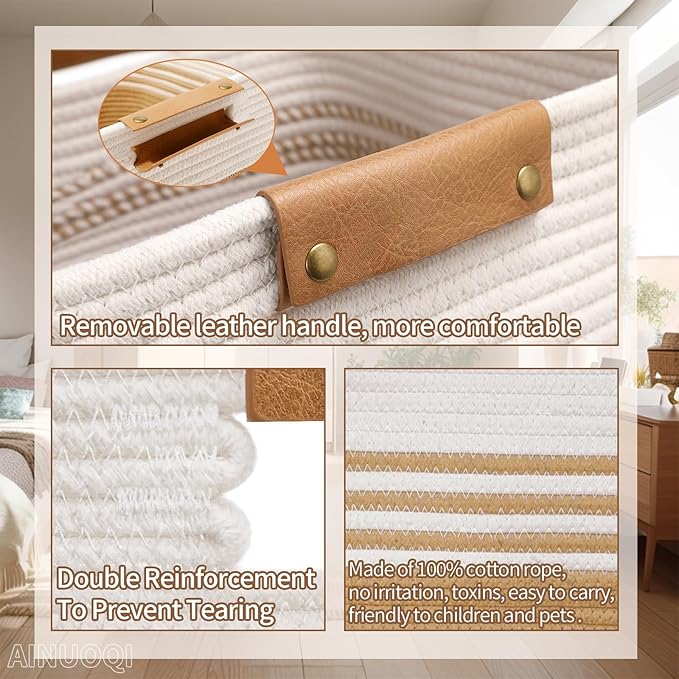 Laundry Hamper - 85L Large Laundry Basket with Leather Handles, Decorative Storage Basket for Blankets - Cotton Rope Woven Baskets for Storage, Clothes Hamper for Living Room, Jute & White