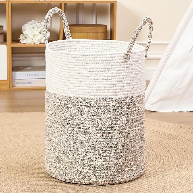 40L Woven Laundry Basket Hamper, 100% Natural Cotton Rope, Handwoven & Durable, Storage for Blankets, Toys, Clothes, Decorative Nursery Hamper for Living Room, Baby Room, Bedroom (Brown and White)