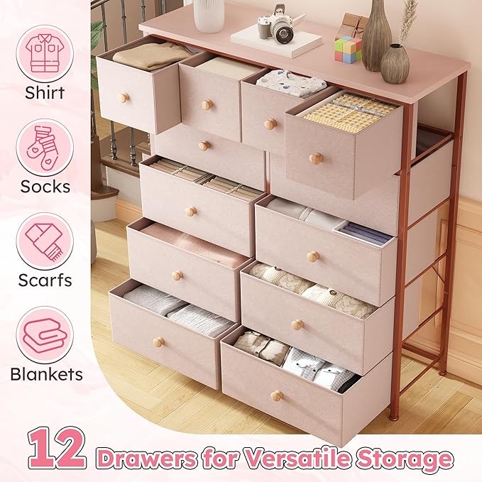 Dresser for Bedroom with 12 Drawers Tall Dressers for Bedroom Fabric Dressers & Chest of Drawers with Sturdy Metal Frame, Wood Top, for Woman, Closet, 40.6" W x 11.8" D x 44.5" H (Pink)
