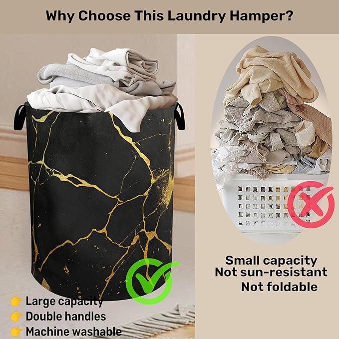 Black Marble Foldable Laundry Hamper - Waterproof Fabric Storage Basket with Handles, Clothes Hampers for Laundry,Bedroom,Dorm