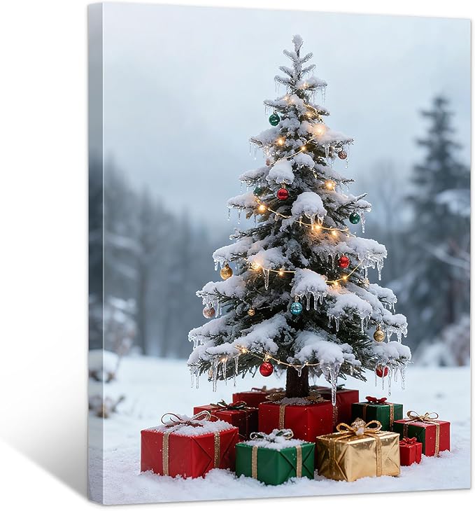 Framed Christmas Pictures Wall Decor,Vintage Pine Tree Prints,Winter Christmas Canvas Wall Art Decoration for Bedroom Bathroom Living Room Rustic Xmas Holiday Gifts (Christmas Tree 11, 24'' X 36'')