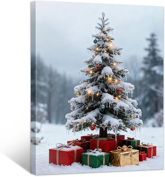 Framed Christmas Pictures Wall Decor,Vintage Pine Tree Prints,Winter Christmas Canvas Wall Art Decoration for Bedroom Bathroom Living Room Rustic Xmas Holiday Gifts (Christmas Tree 11, 24'' X 36'')