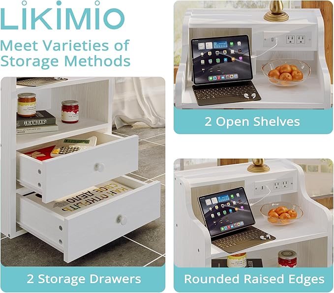 LIKIMIO White Nightstand with Charging Station 2 Drawers and Storage Shelves, Left and Right Interchangeable Sockets Bed Side Table Night Stand with Drawer