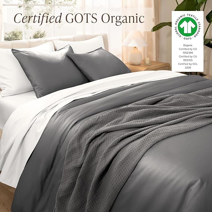 Bare Home 100% Organic Cotton Sateen Duvet Cover Set - Twin/Twin Extra Long - 400 Thread Count - Smooth Sateen Weave - Warm & Luxurious - Duvet Cover (Twin/Twin XL, Grey)