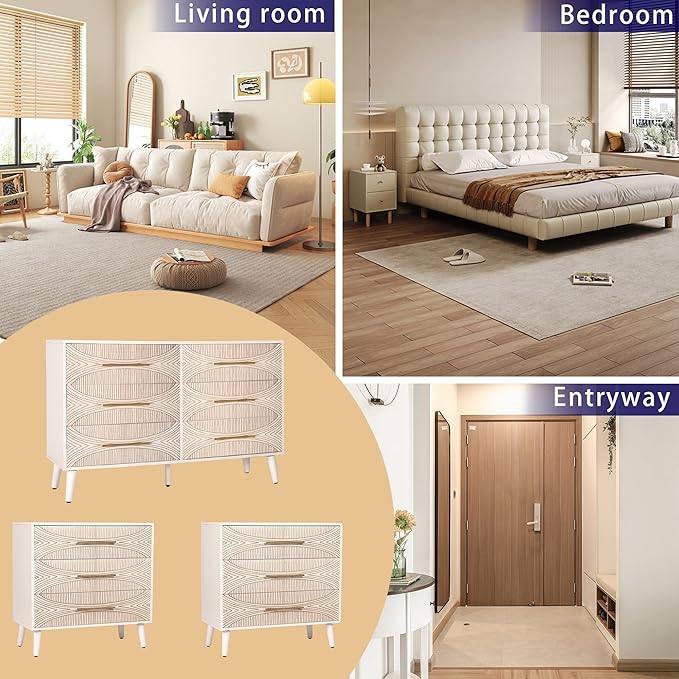 Dresser Set of 3, Wide 6 Drawer Chest & Two 3 Drawer Chest, Modern Bedroom Dresser with Texture Beige Finish for Entryway