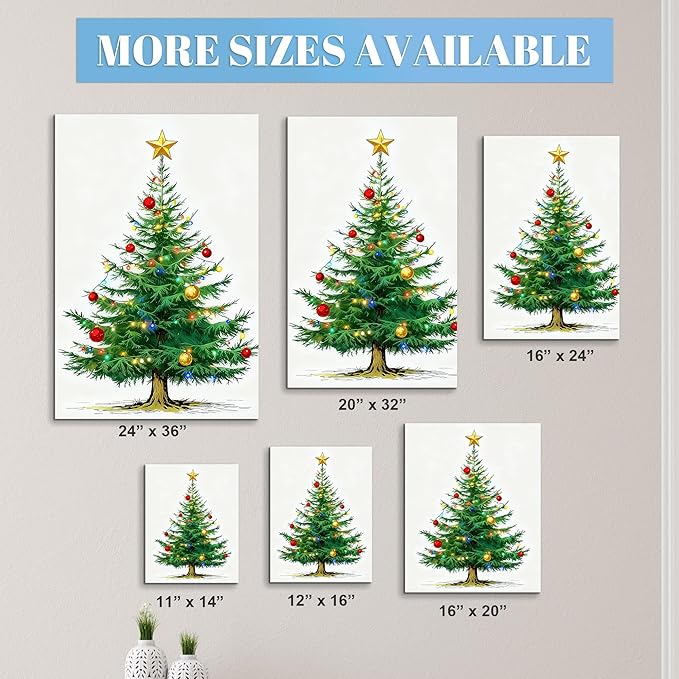 Framed Christmas Pictures Wall Decor,Vintage Pine Tree Prints,Winter Christmas Canvas Wall Art Decoration for Bedroom Bathroom Living Room Rustic Xmas Holiday Gifts (Christmas Tree 7, 20'' X 32'')