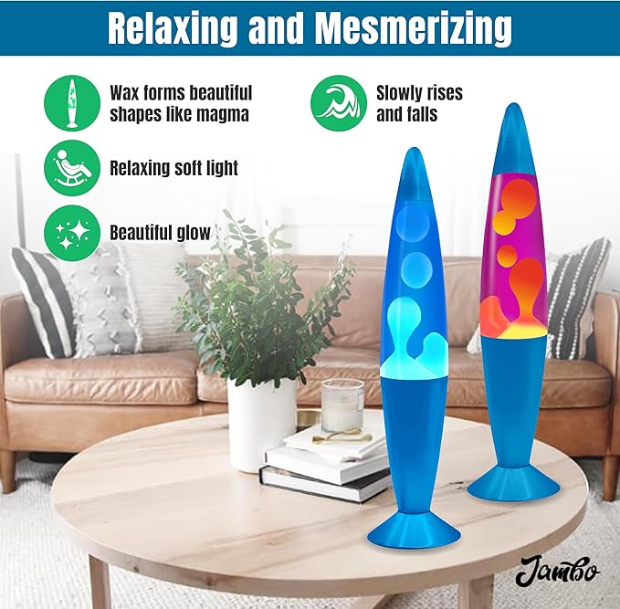 JAMBO 2 Pack- 16" Beautiful Lamp- Blue with Blue/White Wax and Purple with Yellow Wax, Relaxing Liquid Lamp, Night Light Nightlight, Lamps for Adults Teens Kid
