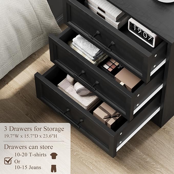 Nightstand Set of 2, Farmhouse Night Stand with Charging Station, Black Wood Bedside Table & End Table with 3 Drawers, Side Table Storage Cabinet with Metal Handles for Bedroom, Living Room