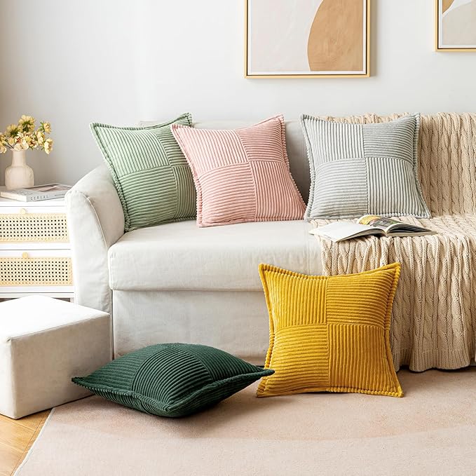 MIULEE Christmas Decorative Lumbar Throw Pillow Covers for Couch Bed Livingroom 12x20 Inch Set of 2 Dark Green Boho Accent Throw Pllows Broadside Striped Patchwork Soft Corduroy Pillowcases