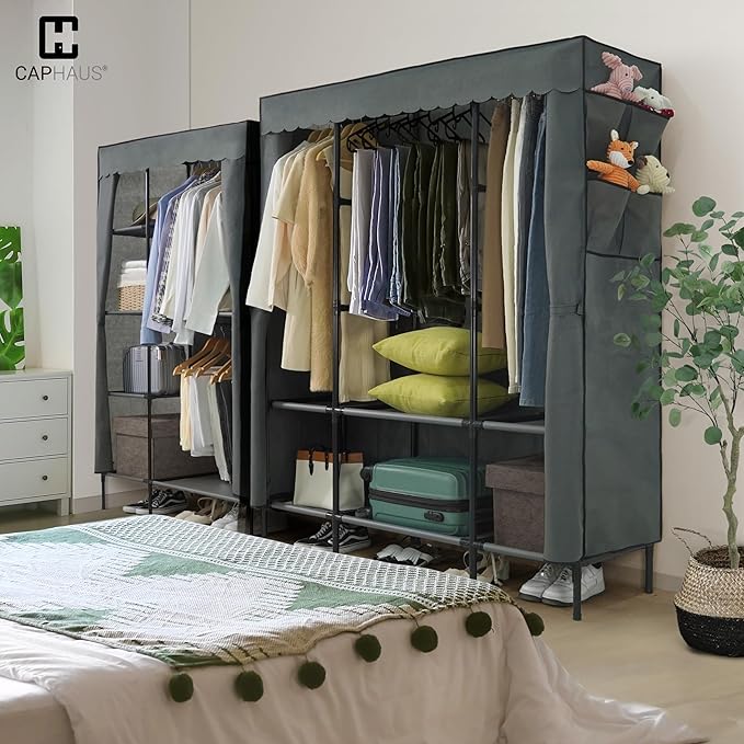 CAPHAUS 44-Inch Clothing Rack with Cover, Portable Closet Wardrobe, Covered Garment Rack for Hanging Clothes, 230LB Capacity Heavy-Duty Metal Frame Clothes Organizer Rack with Storage Shelves