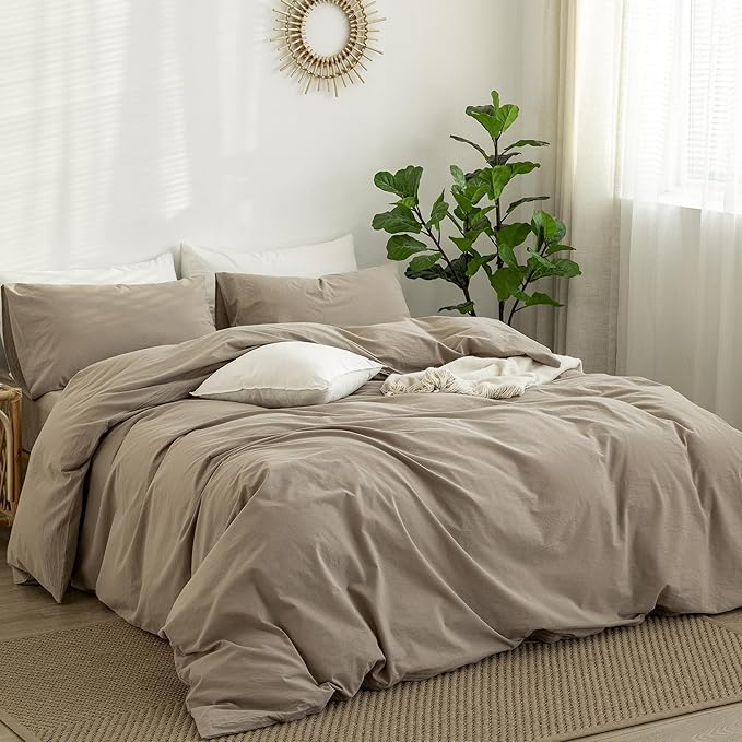 MooMee Bedding Duvet Cover Set 100% Washed Cotton Linen Like Textured Breathable Durable Soft Comfy (Solid Light Camel, Palatial King/Oversized King 120"x98")