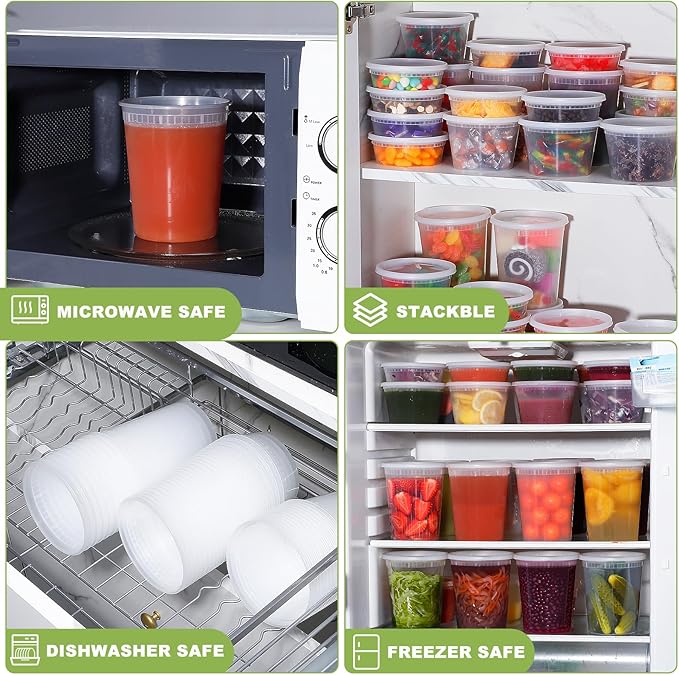 Deli Containers with Lids 48 Sets - Plastic Soup Containers with Lids 8oz, 16oz, 32oz - Take Out Container for Restaurant, Food Container with Leakproof, Microwave/Freezer/Dishwasher Safe