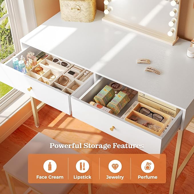 SUPERJARE 31.5" White and Gold Desk with 2 Drawers, Modern Makeup Vanity with Padded Stool, Small Computer Desk Home Office Desk for Writing Study Bedroom