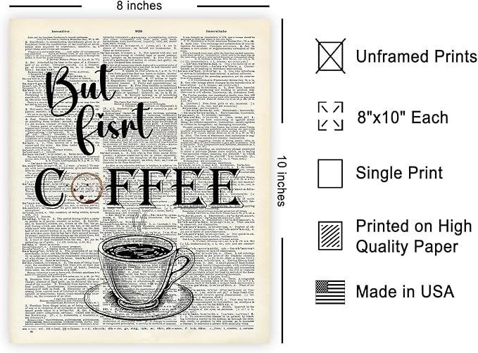 Poster Master Dictionary Art Poster - But First Coffee Print - Cafe Art - Gift for Men, Women, Coffee Lovers & Barista - Funny Decor for Kitchen, Restaurant or Dining Room - 8x10 UNFRAMED Wall Art