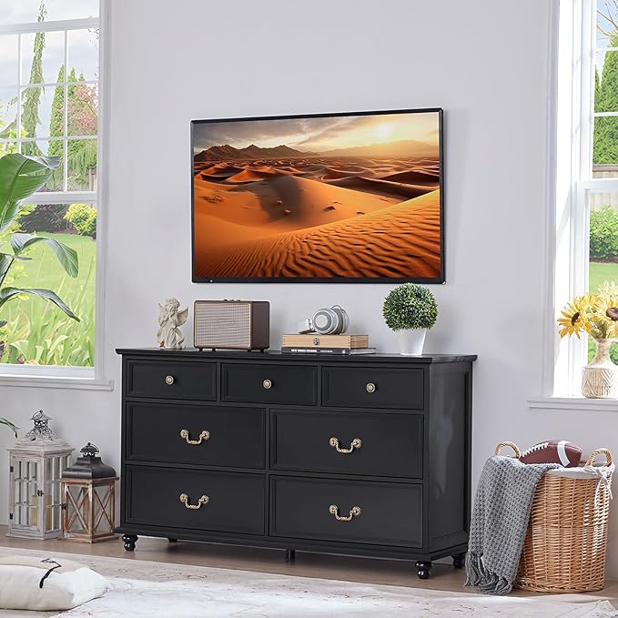 Farmhouse 7 Drawers Dresser for Bedroom, Black 54 Inch Wide Chest of Drawers w/ 4 Wooden Legs, Large Vintage Rustic Closet Dressers for Living Room, Wood TV Stand with Storage Organizer