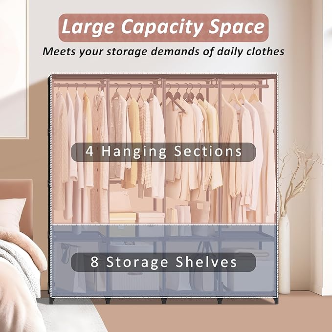 Wardrobe Closet, Quick and Easy Assembly, Gray Large Capacity Portable Closet with 4 Hanging Rods 8 Storage Shelves and 8 Side Pockets, Clothes Rack with Cover, for Bedroom and Living Room