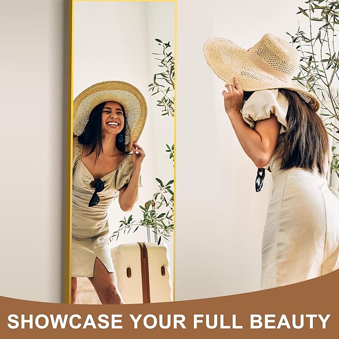 Delma Wall Mirror Full Length Mirror,Standing Mirror Full Body,Large Floor Mirror for Wall Door Bedroom Bathroom Living Room with Aluminium Frame(with Stand,Rect 56x15-Gold)