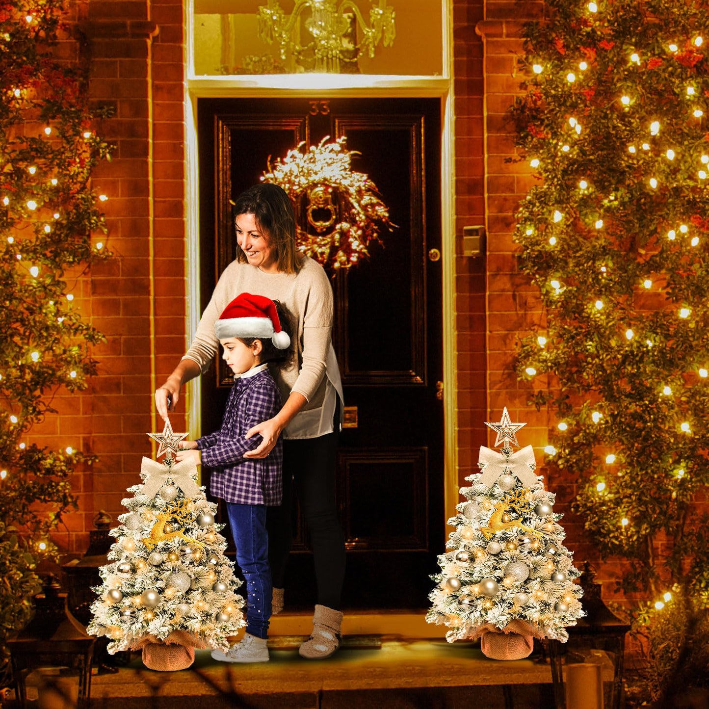 Mini Christmas Tree-with Lights,2ft Small Flocked Christmas Tree with 24pcs DIY Decorations,Small Flocked with LED Lights for Holiday Indoor DIY Decor