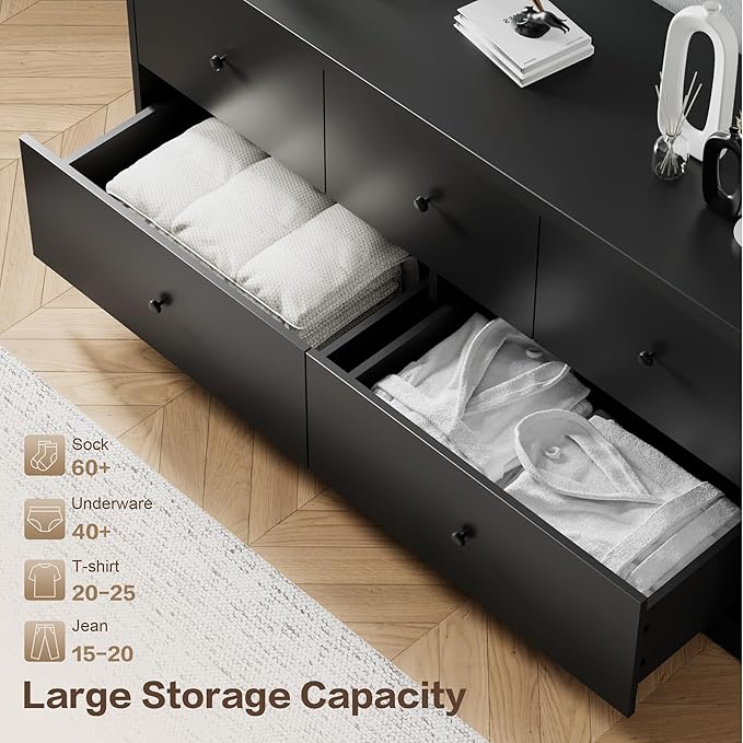 JUMMICO Dresser for Bedroom, Wide Chest of Drawers with 5 Wood Dresser Drawers, TV Stand, Modern Design for Bedroom, Living Room, Hallway, and Entryway (Black)