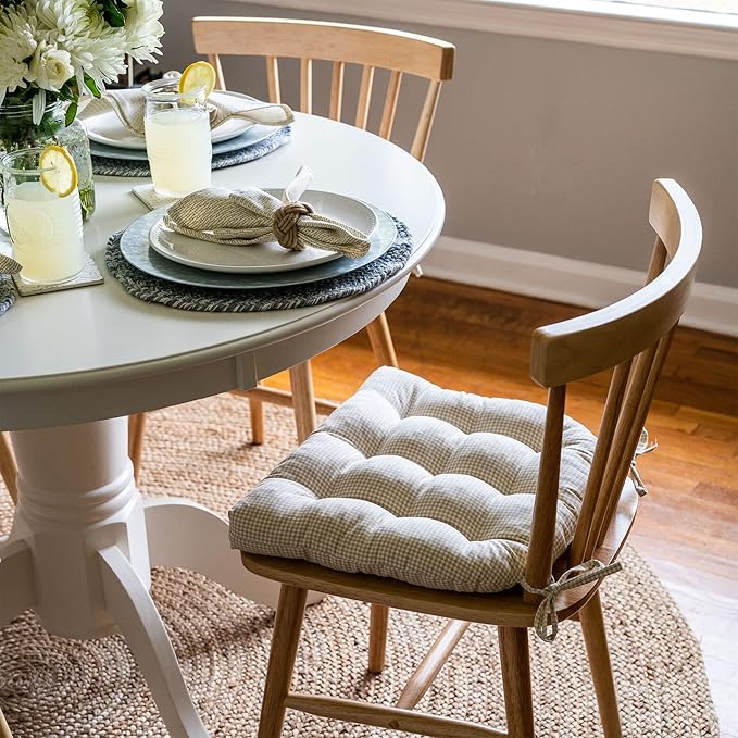 Barnett Home Decor Madrid Natural Dining Chair Pad with Ties - Medium Size 18 Chair Cushion - Latex Foam Fill - Machine Washable, Reversible, 100% Cotton, Made in USA (Neutral Gingham)