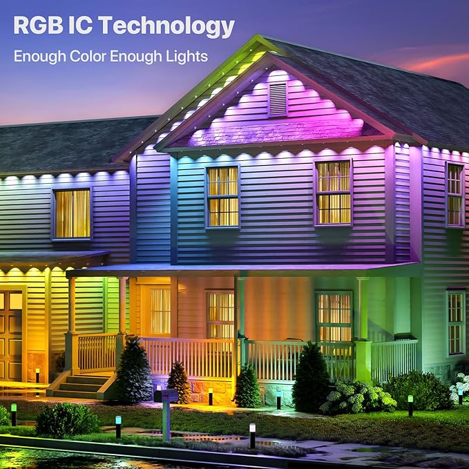 Permanent Outdoor Lights, 50FT RGB+IC LED Lights with Smart APP & Remote Control, 72 Scene Modes, Waterproof IP65 for Holiday, Christmas, Yard Decorations(Extension Cord Not Included)