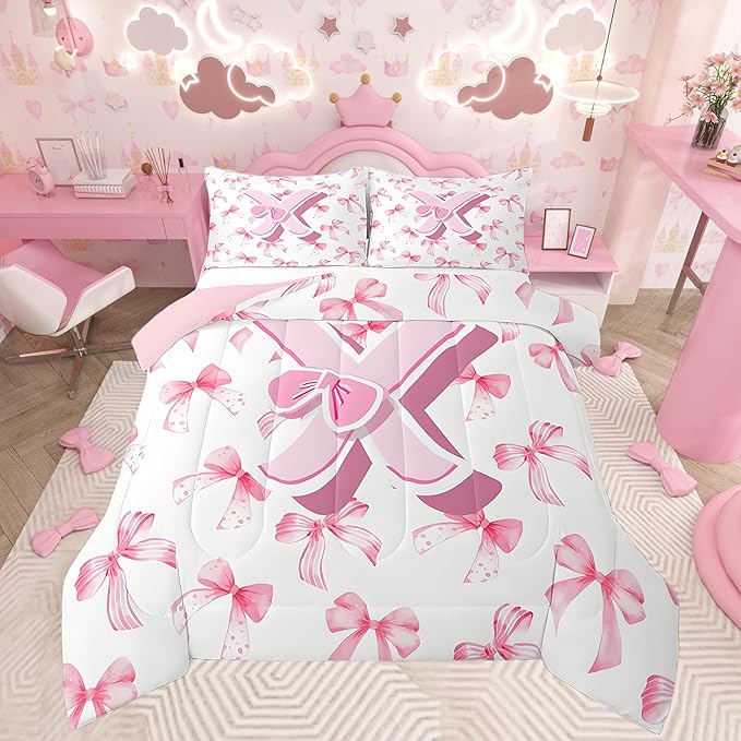 jejeloiu Kids Girls Cute Pink Bow Comforter Set King Size Monogrammed Bedding Set Ultra Soft Personalized Initial X Duvet Quilt Coquette Bow Knot Quilt Set Room Decor Modern Fashion Comforter