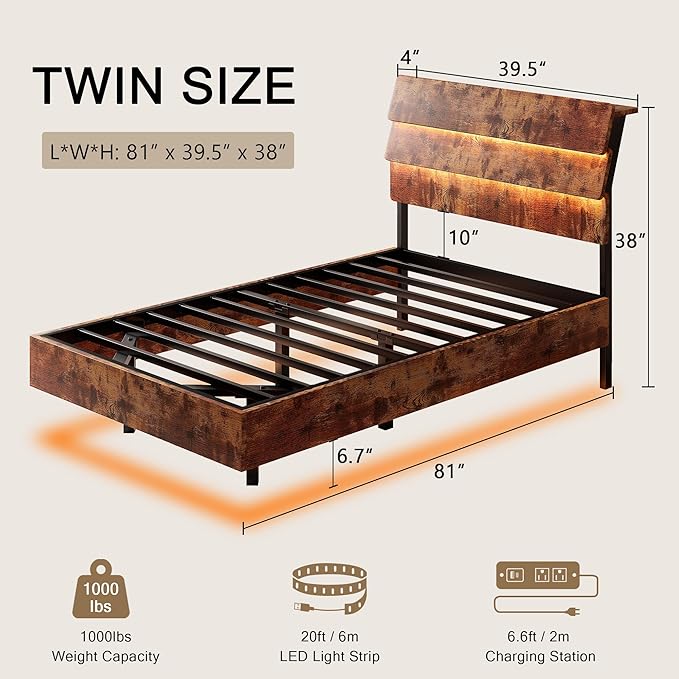 Floating Bed Frame Twin Size with Led Headboard and Charging Station, Metal Platform Bed Base with Storage, Remote Control, Heavy Slats Support, No Box Spring Needed, Noise Free, Vintage Brown