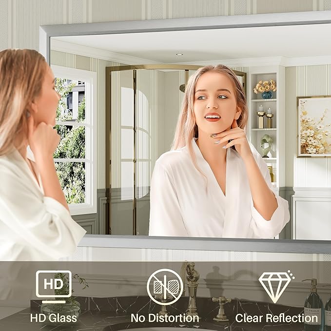 40x36 Inch Silver Bathroom Mirror for Wall, Thick Metal Framed Rectangle Mirrors for Over Sink, Bedroom, Living Room, Entryway, Anti-Rust, HD Tempered Glass