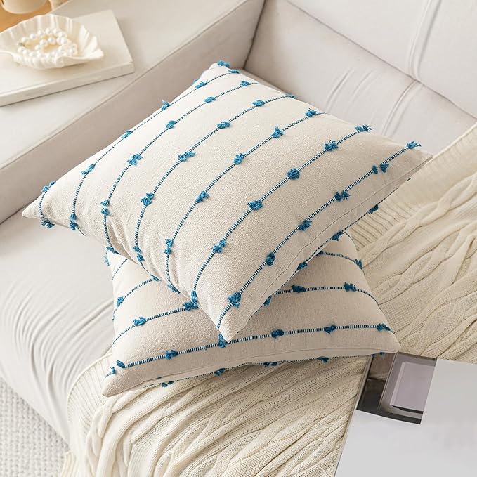 Boho Throw Pillow Covers 22x22 Set of 2 Modern Farmhouse Decorative Cushion Case Tufted Square Pillows Cover Neutral Pillow Cases Accent Pillowcase for Sofa,Couch,Bed,Beige and Blue