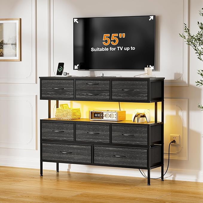 REAHOME Dresser TV Stand with Charging Station and LED Lights, 55” TV Stand Entertainment Center with 9 Drawers, Steel Frame, Large Storage Chest of Drawers for Bedroom, Living Room, Charcoal Black