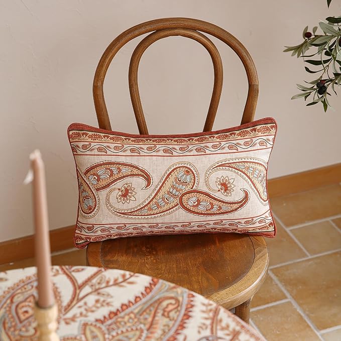Design Linen Classic Vintage Throw Pillow Covers 12"x20" Pack of 2, Lumbar Cushion Covers with Orange Yellow Paisley Style Pattern Decoration Pillowcases for Bed,Living Room,Outdoor,Car