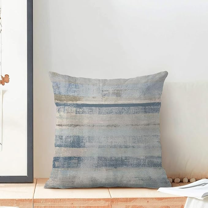 Boho Blue Grey Stripe Throw Pillow Covers 18x18 Inch Set of 2, Rustic Abstract Decorative Throw Pillow Covers Retro Stripe Linen Outdoor Cushion Cover for Sofa Couch Farmhouse Room Bed Decor