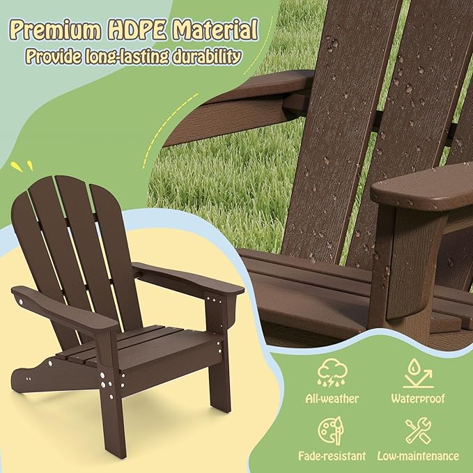 Giantex HDPE Kids Adirondack Chair - All-Weather Lawn Toddler Chair with Ergonomic Design, Children’s Outdoor Chair for Toddlers Ages 3-8, Kid’s Patio Furniture for Deck, Garden (1, Brown)