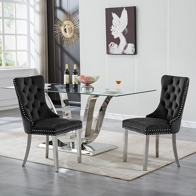 70" Modern Silver Glass Dining Table Set for 4, 5-Piece Rectangle Kitchen Dining Room Table Set with Steel Base & 4 Black Velvet Upholstered Chairs, Modern Glass Kitchen Table and Chairs Set of 4