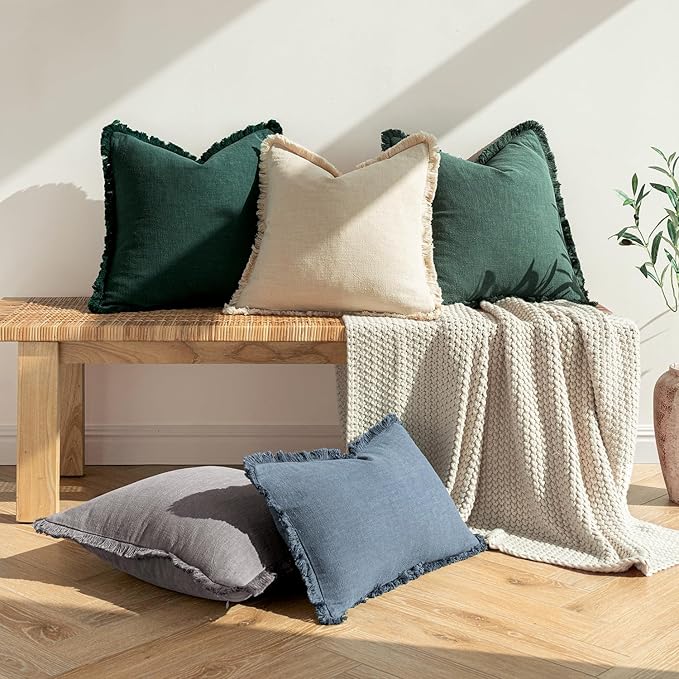 MIULEE Decorative Lumbar Throw Pillow Covers Neutral Linen Fringe Throw Pillows Set of 2 Navy Blue Boho Farmhouse Cushion Covers for Couch Sofa Bed Living Room Spring Home Decor 12x20 Inch