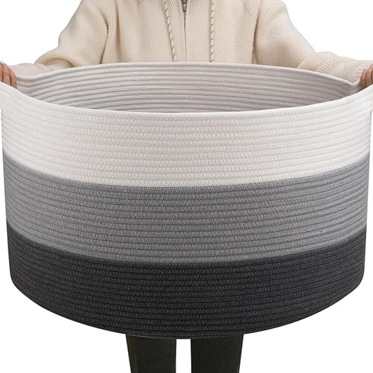 OIAHOMY Extra Large Storage Basket, 23" x 13" Woven Blanket Storage for Living Room, Round Laundry Basket for Pillow-Gardient Dark Grey