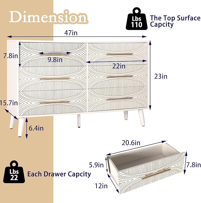 6 Drawer Dresser for Bedroom, Chest of Drawers with Metal Handle, Dresser TV Stand, Wood Drawer Organizer for Bedroom, Enterway, Texture White