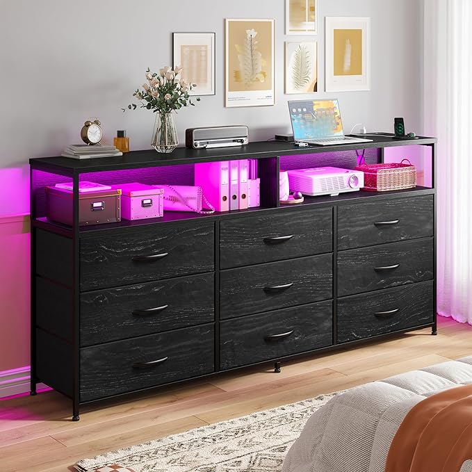 55” W Black Dresser for Bedroom with Charging Station & LED, 65" TV Stand for Bedroom with 9 Fabric Drawers, Sturdy Chest of Drawers with Open Storage Shelves for Closet, 55.12" Wx11.81 Dx35.43 H