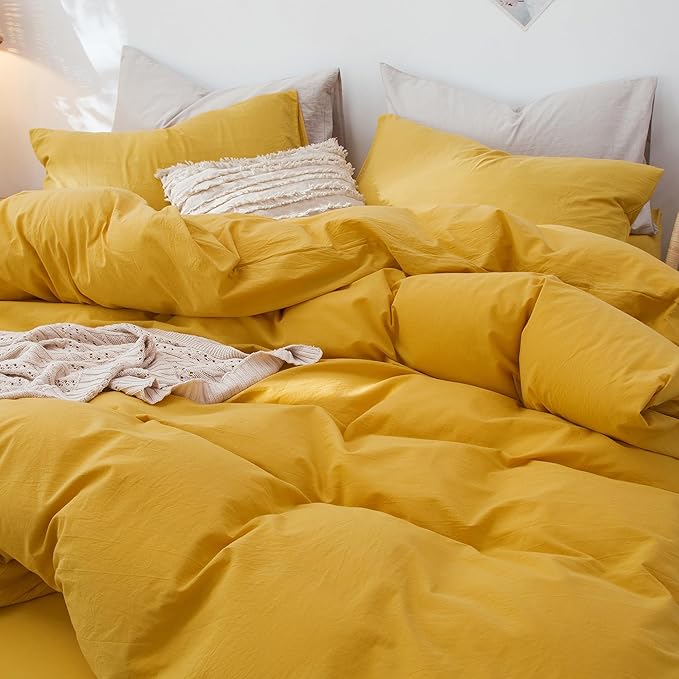 MooMee Bedding Duvet Cover Set 100% Washed Cotton Linen Like Textured Breathable Durable Soft Comfy (Solid Yellow, Cal King 104"x98")