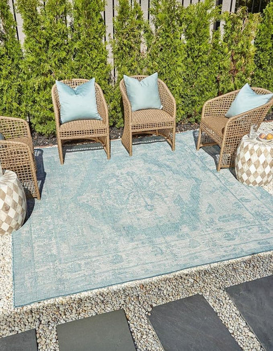 Unique Loom Outdoor Traditional Collection Area Rug - Valeria (13' Square Aqua/Ivory)