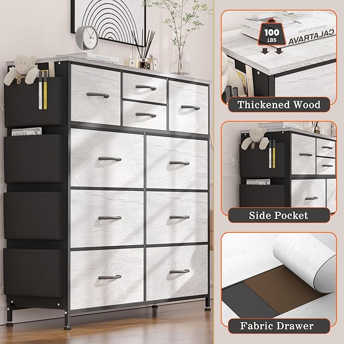 Lulive 10 Drawers Dresser for Bedroom, Chest of Drawers with Side Pockets and Hooks, PU Storage Dresser, Organizer Unit for Living Room, Hallway, Closet (Oakl)