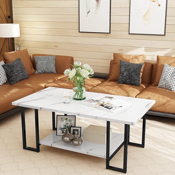 AWQM Marble Coffee Table, Faux Marble Top Rectangular Coffee Table with Black Metal Frame, 2 Tier Living Room Table for Living Room, Office, Balcony, White, 40 Inch