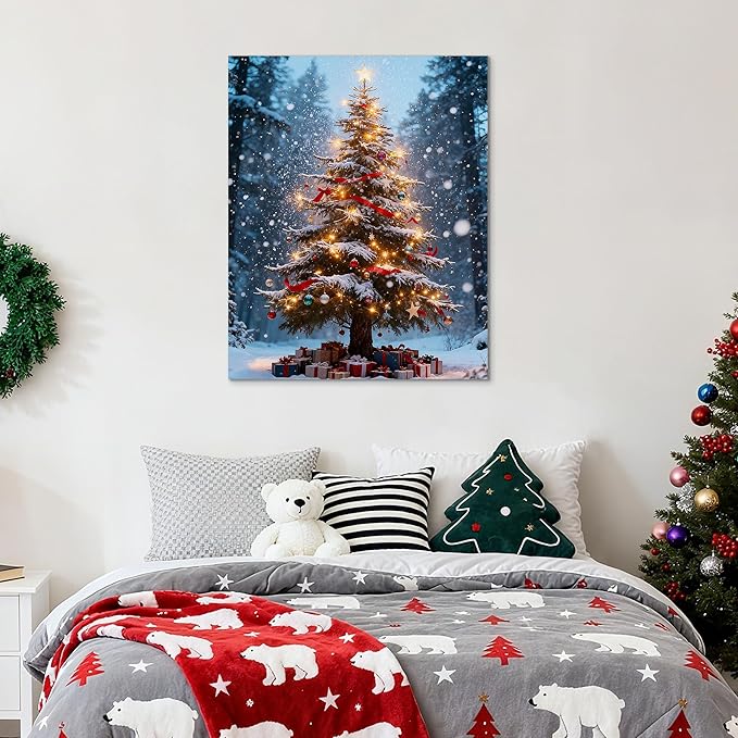 Framed Christmas Pictures Wall Decor,Vintage Pine Tree Prints,Winter Christmas Canvas Wall Art Decoration for Bedroom Bathroom Living Room Rustic Xmas Holiday Gifts (Christmas Tree 16, 20'' X 32'')
