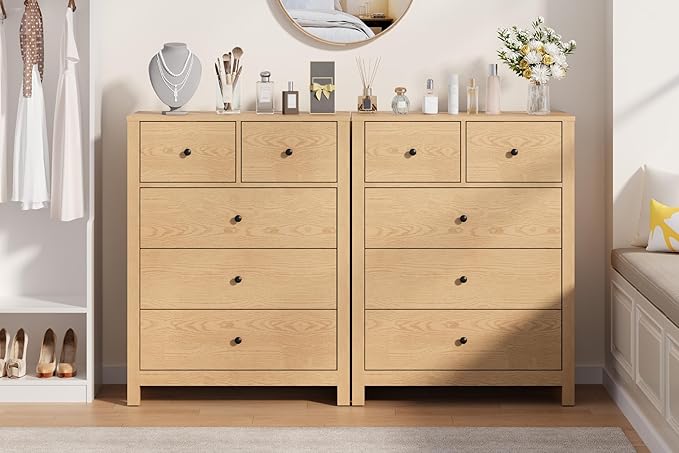 GarveeHome Natural Oak 5 Drawer Dresser for Bedroom, Modern Tall Dresser Organizer with Storage Drawers, Wooden Chests of Drawers for Bedroom, Entryway, Hallway, Home Office