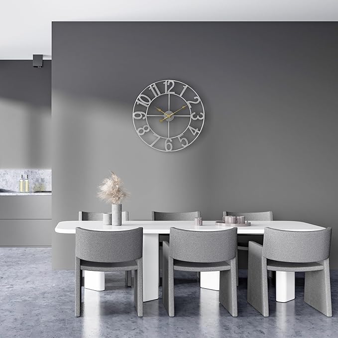 Sorbus 16-Inch Large Wall Clock – Decorative Silver Metal Clock with Gold Hands – Silent, Battery Operated, Modern Wall Decor for Living Room, Kitchen, or Office, Great Gift for Housewarming or Office