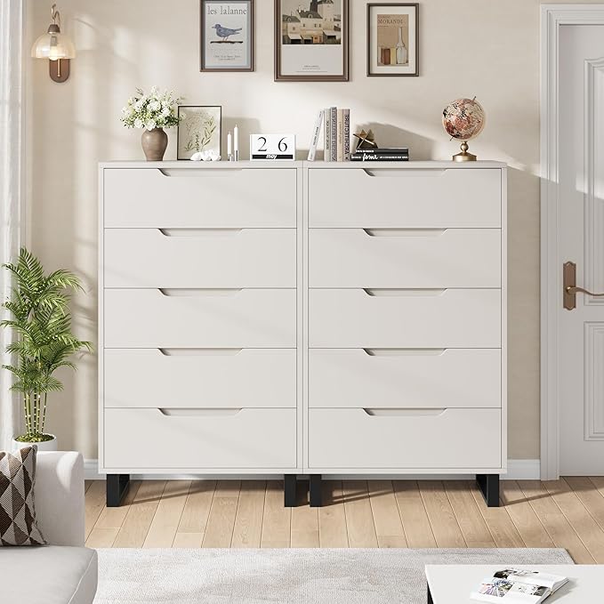 GarveeHome 5 Dresser for Bedroom, 50" Tall Dresser, Freestanding Vertical Drawer with Storage, Wooden Closet Chest Storage for Living Room, Hallway, Entryway, White