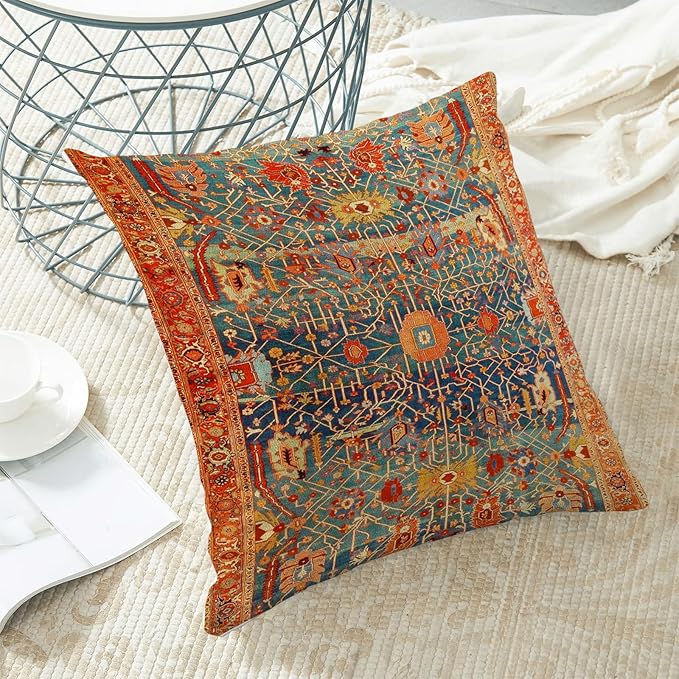 Boho Pillow Covers 16x16 Set of 2, Red Bohemian Ethnic Design Decorative Throw Pillow Covers Farmhouse Cushion Pillow Covers for Sofa Couch Outdoor