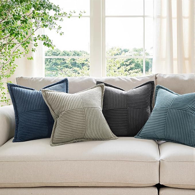 MIULEE Decorative Throw Pillow Covers for Couch Bed Livingroom 18x18 Inch Set of 2 Blue Boho Accent Throw Pllows Broadside Striped Patchwork Soft Corduroy Summer Coastal Pillowcases