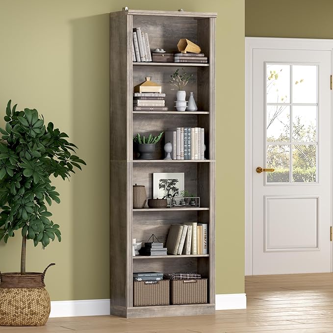75" Tall Bookshelf, 6-Tier Floor Standing Bookcase with Adjustable Shelves, 24" Wide Open Storage Shelf, Modern Display Organizer for Home Office, Living Room, Bedroom, Study